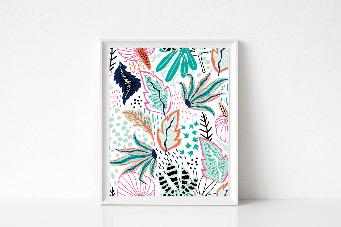 Hand Drawn Tropical Leaf Pattern in Teal Pink and Navy Poster - Image 3