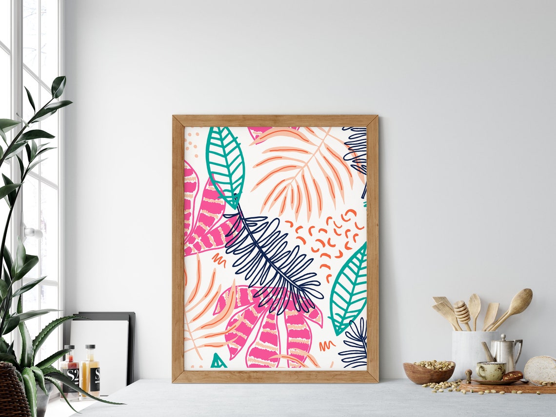 Hand Drawn Tropical Palm Leaf Pattern in Pink and Teal Poster - Image 2