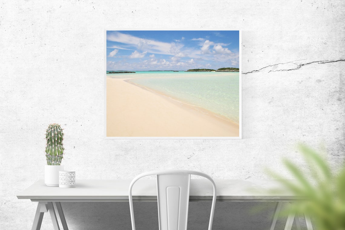 Curving White Sand Beach Turquoise Water Distant Island Photo Poster - Image 2