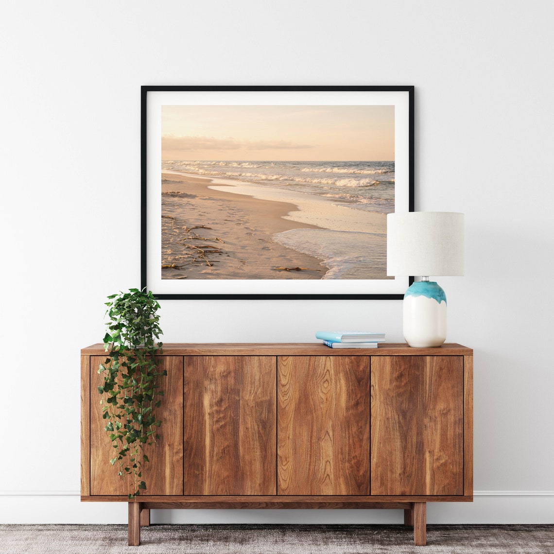 Golden Sunset Over a Calm Beach Shoreline with Soft Waves Poster - Image 2