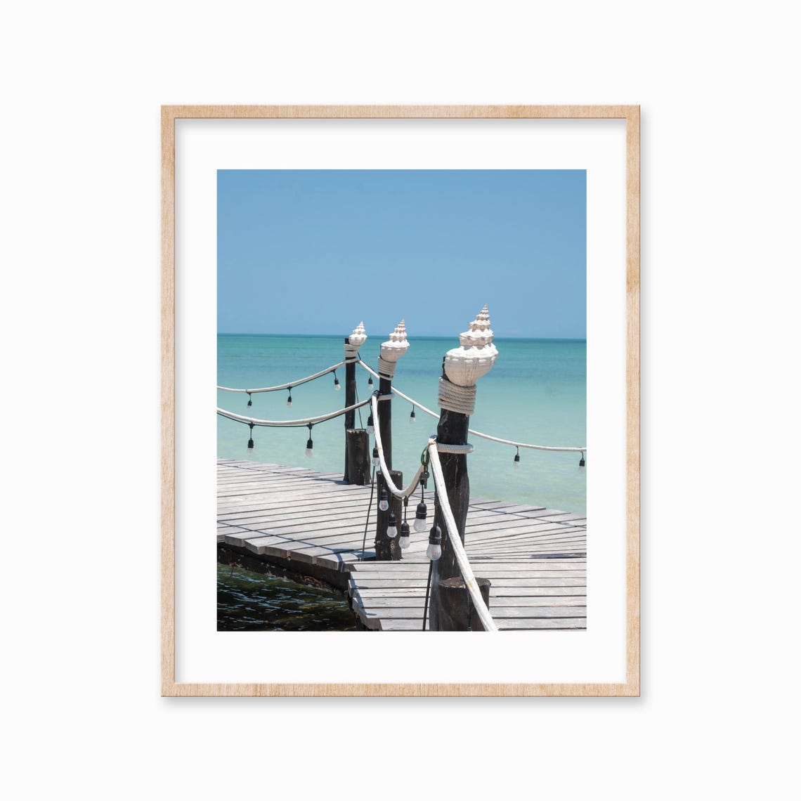 Wooden Pier Shell Topped Posts String Lights Turquoise Sea Poster