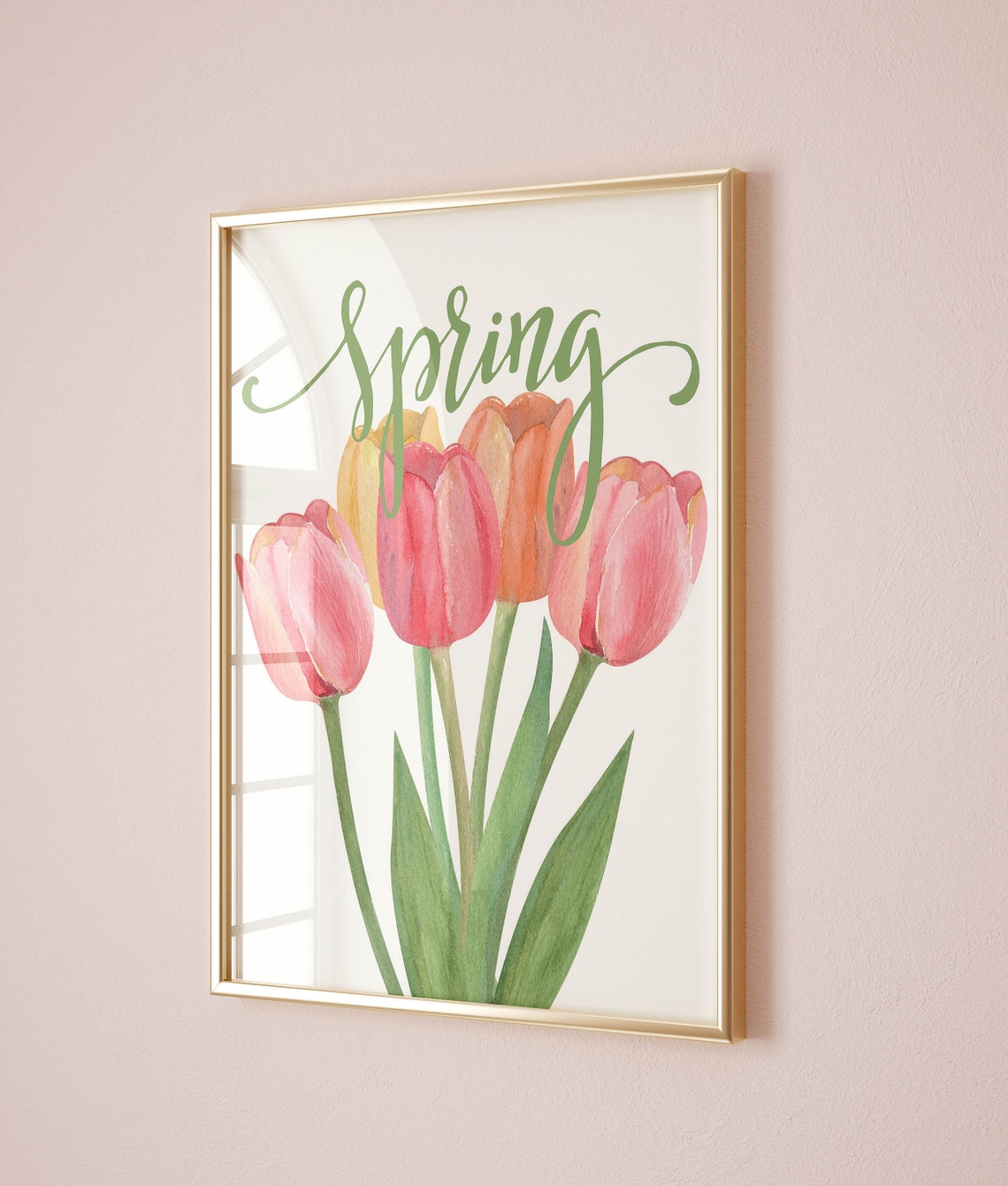 Spring Script Pink Orange Tulips Watercolor Botanical Art Poster