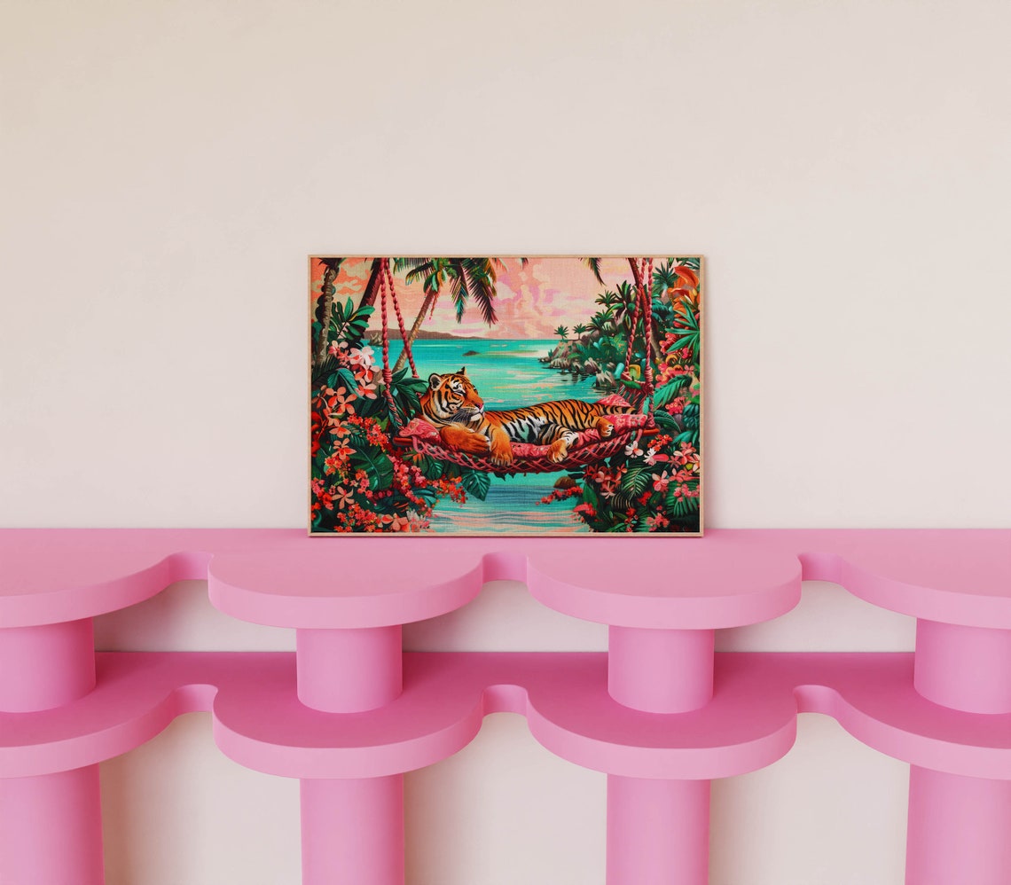 Tiger Relaxing In A Pink Hammock Tropical Beach Maximalist Poster - Image 2