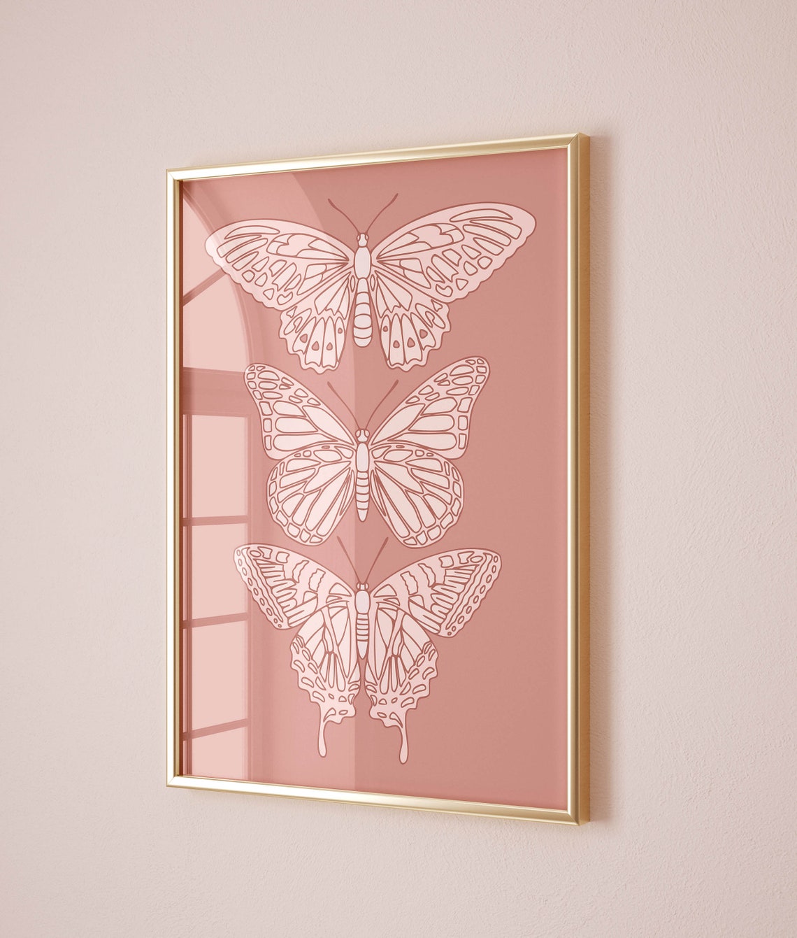 Three Butterfly Line Art on Dusty Rose Minimal Insect Wall Art - Image 2
