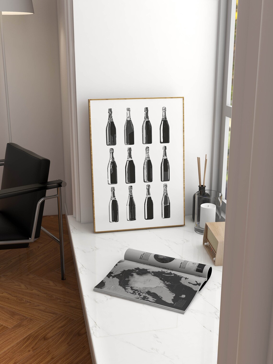 Black And White Twelve Champagne Bottle Grid Bar Cart Poster - Image 2