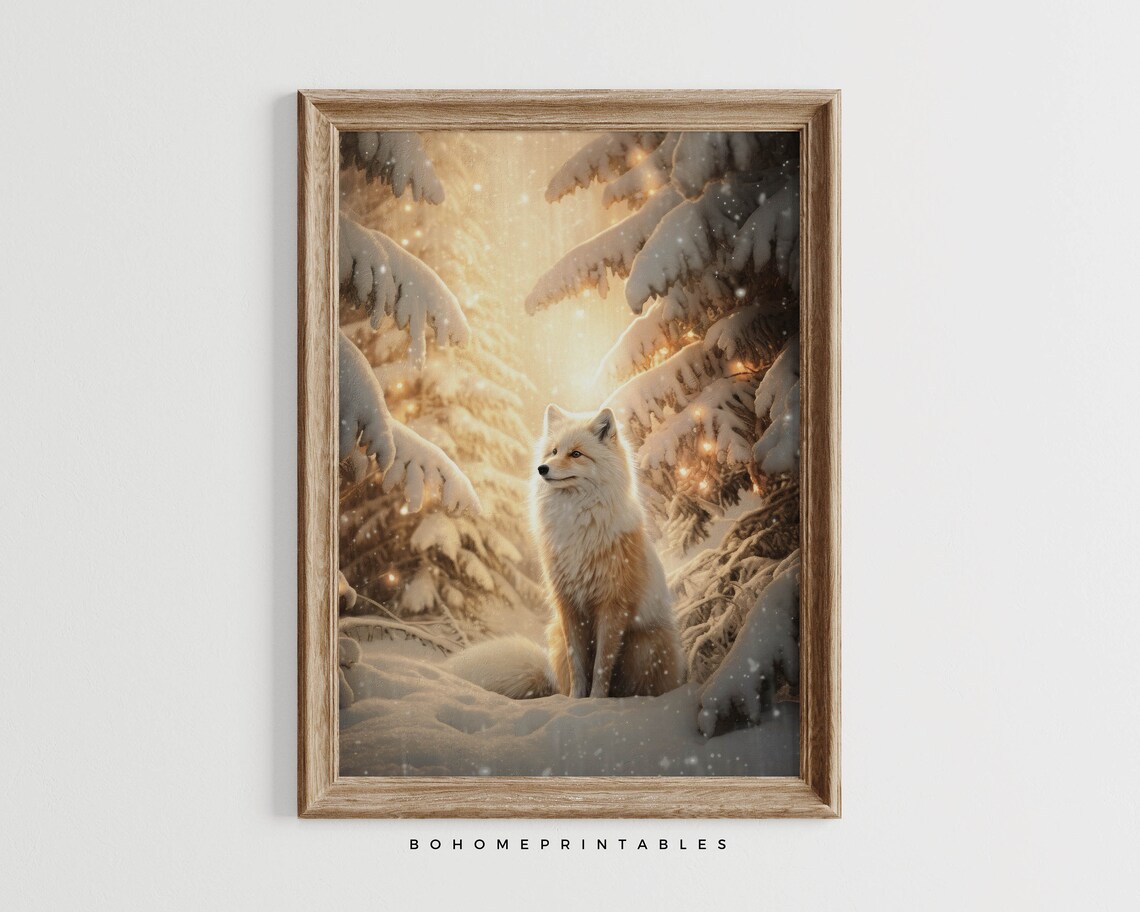 White Fox in Snowy Golden Forest Vintage Winter Christmas Poster