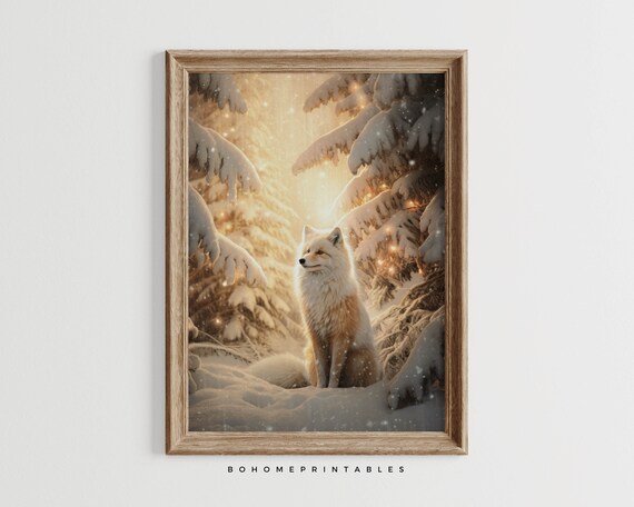 White Fox in Snowy Golden Forest Vintage Winter Christmas Poster