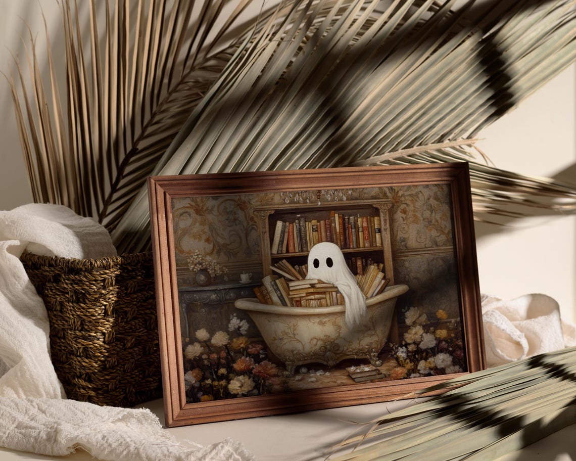 Cute Ghost Reading Books in a Bathtub Library Halloween Poster - Image 2