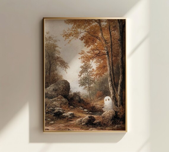 Cute Ghost Painting Autumn Wall Art Vintage Halloween Decor Ghost Wall Art Forest Painting Autumn Home Decor Ghost Art Print Fall Decor