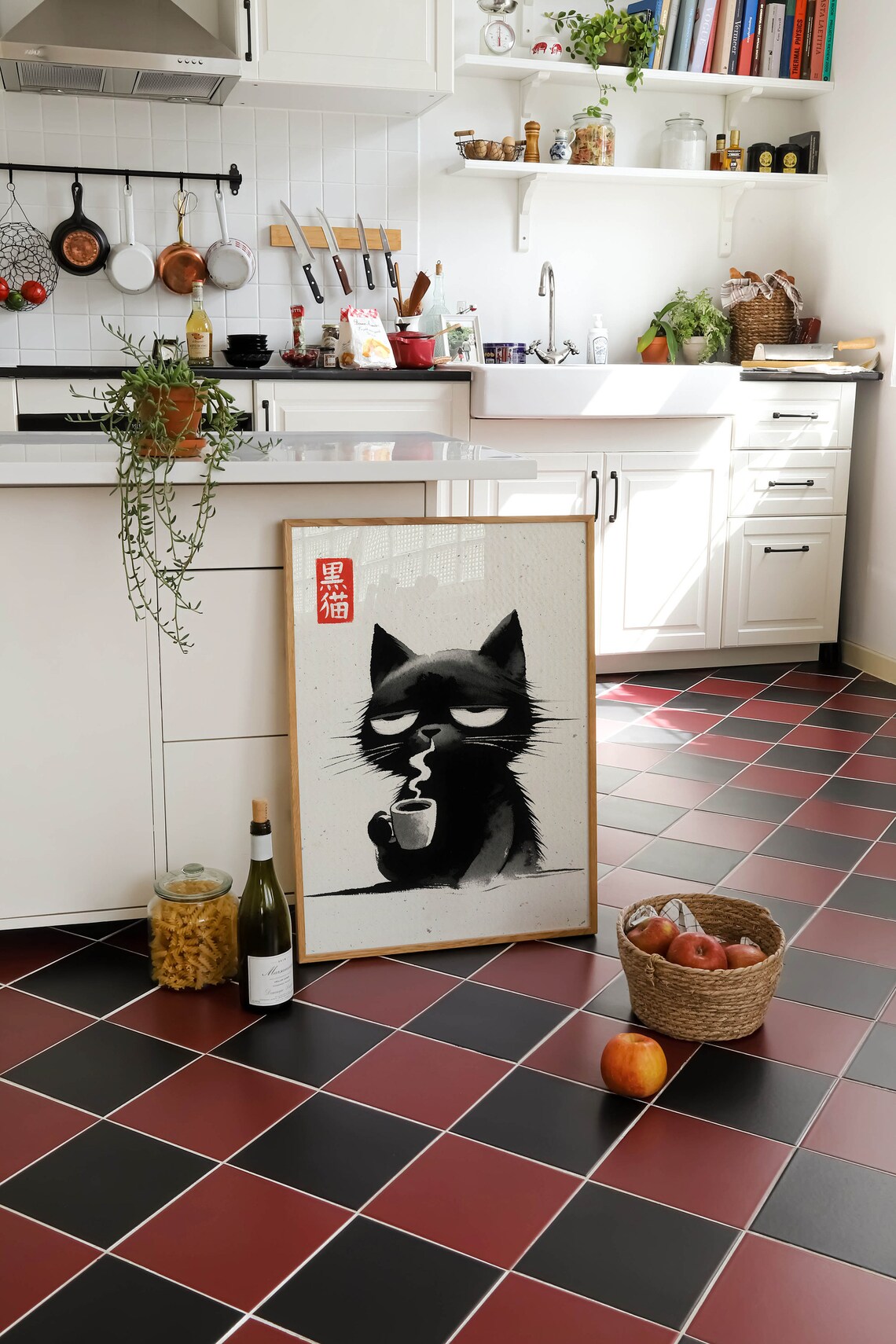 Sleepy Black Cat Coffee Cup Japanese Ink Wash Painting Poster - Image 2