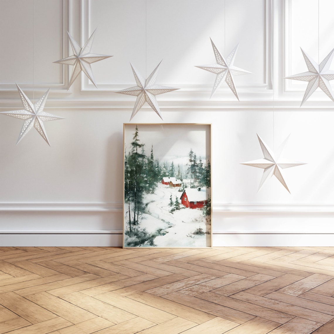 Red Cabins In Snowy Pine Forest Rustic Winter Landscape Poster - Image 2