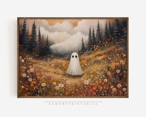 Cute Halloween Ghost Wall Art Landscape Print Vintage Decor Fall Painting Spooky Decor Ghost Art Print Whimsical Decor Halloween Print