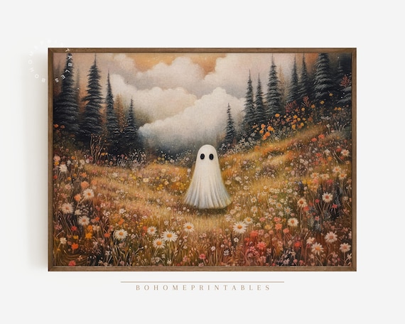 Cute Sheet Ghost in Wildflower Meadow Under Cloudy Sky Art Poster