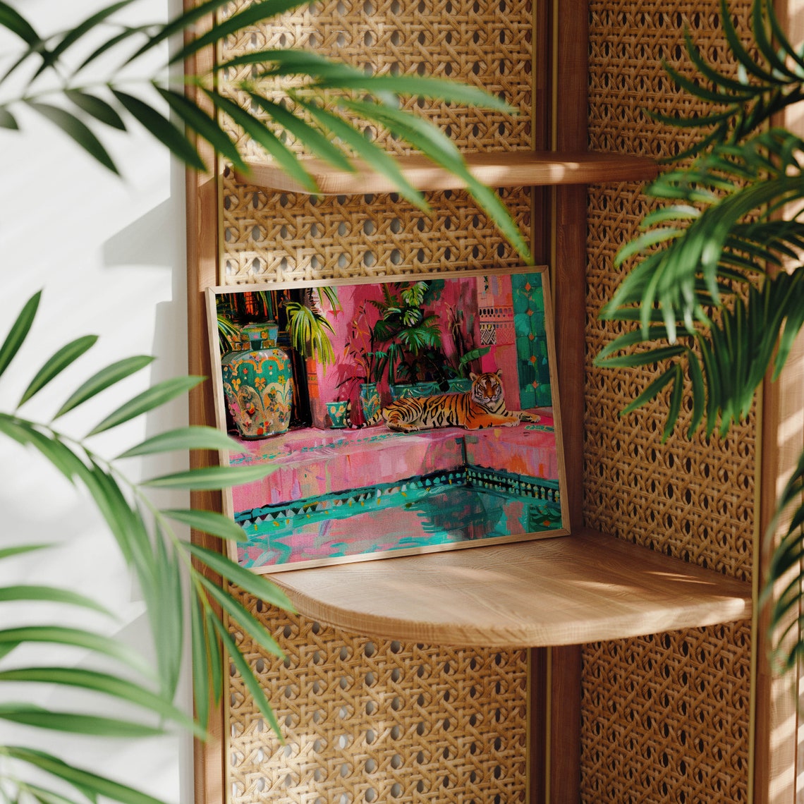 Resting Tiger Beside a Pink Moroccan-Style Pool Painting Poster - Image 2