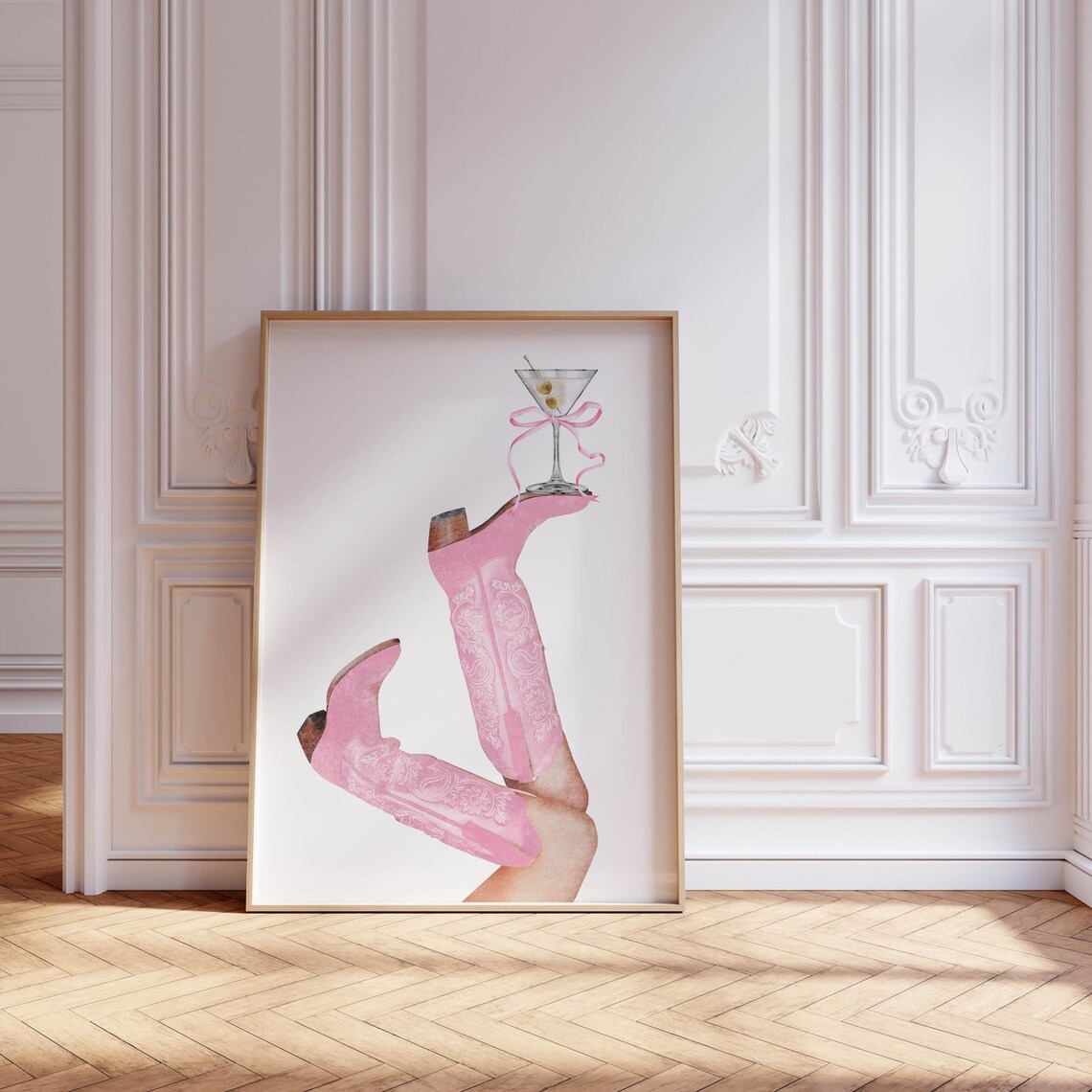 Pink Cowboy Boots With Martini Glass Coastal Cowgirl Wall Art - Image 2