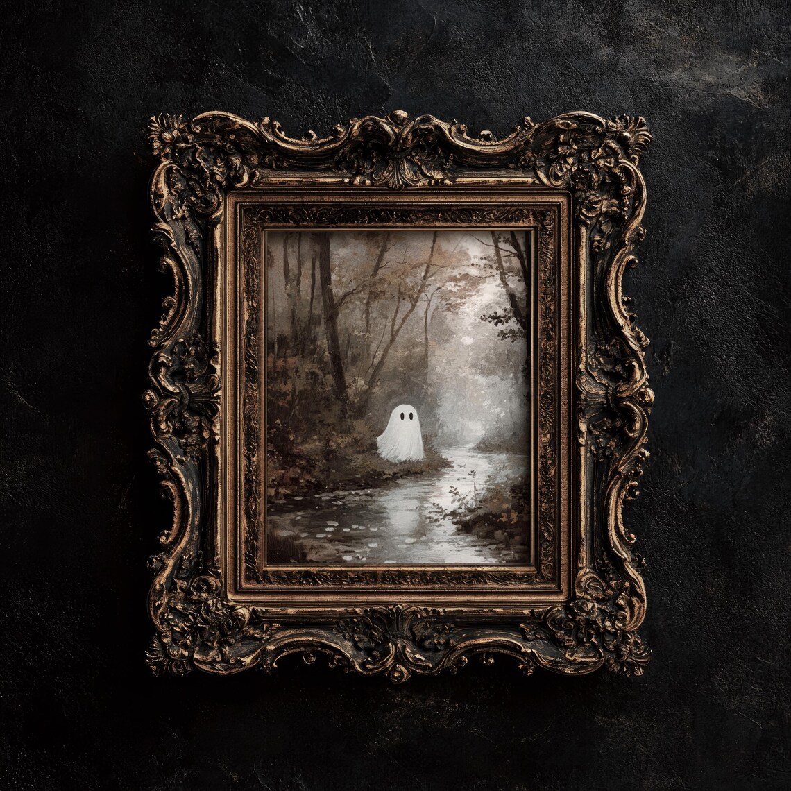 Cute Ghost by Misty Woodland Stream Vintage Fall Art Wall Poster - Image 2
