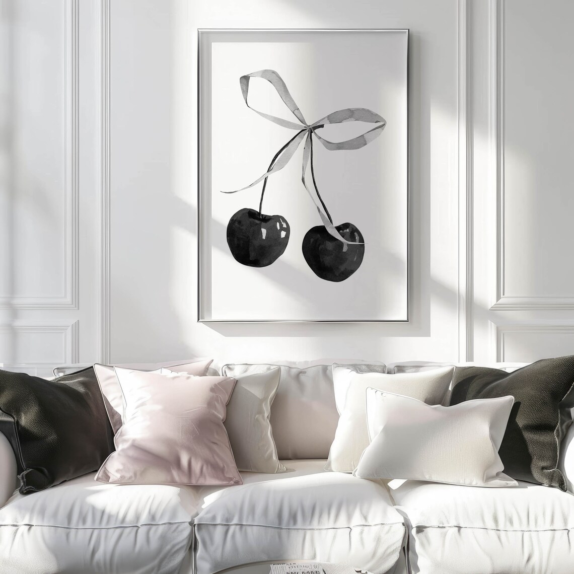 Black Cherries Watercolor Ribbon Bow Monochrome Fruit Art Poster - Image 2