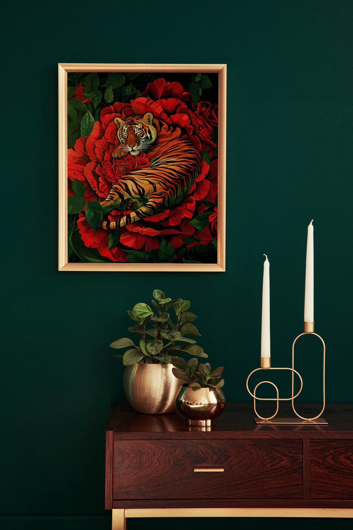 Sleeping Tiger Curled In Red Giant Flower Maximalist Art Poster - Image 2