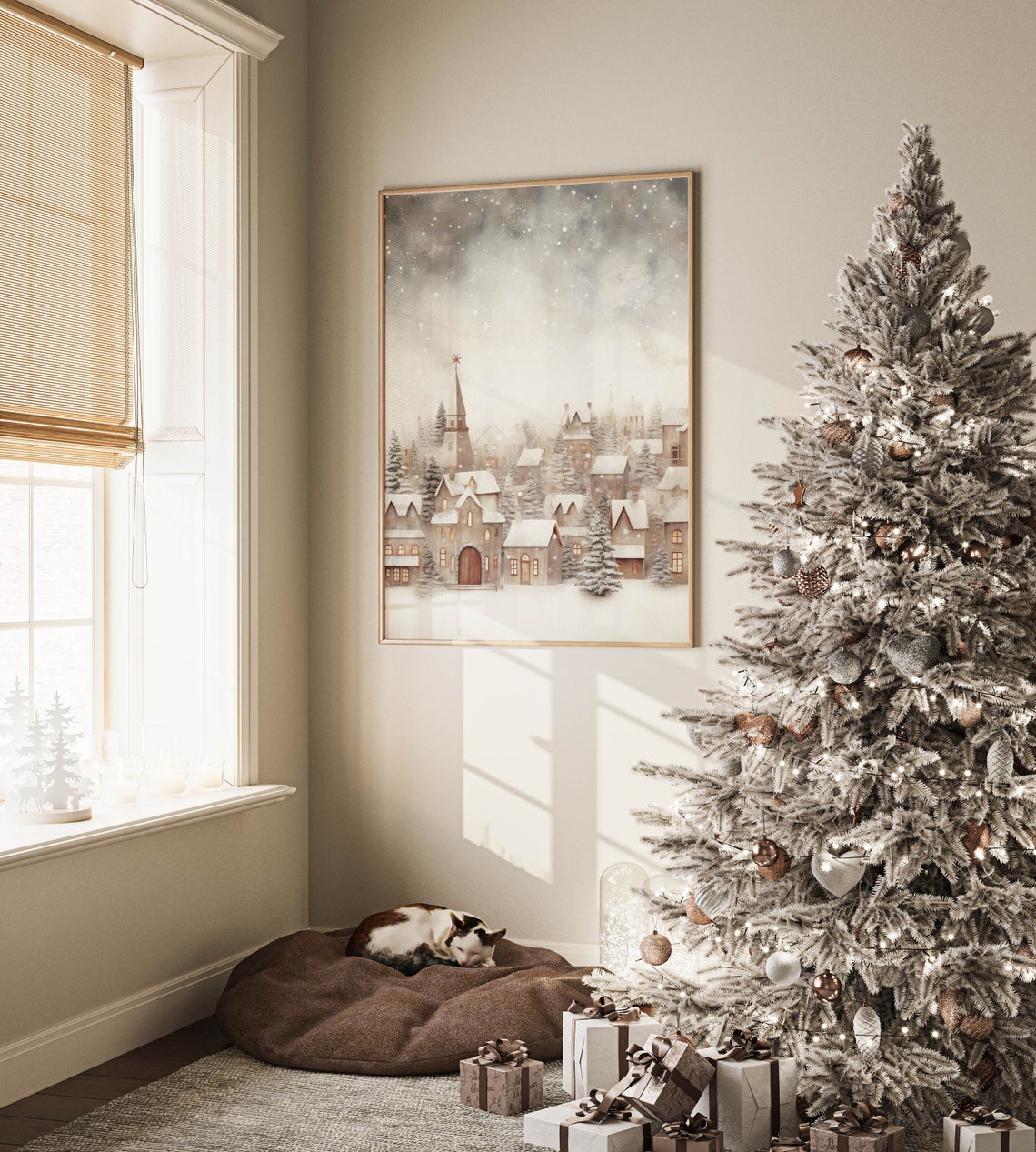 Dreamy Snowy Christmas Village with Church Steeple Art Poster - Image 2