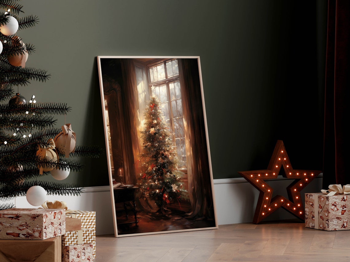 Christmas Tree by Tall Windows Moody Vintage Living Room Art Poster - Image 2