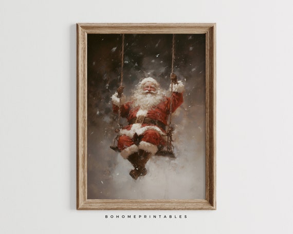 Retro Santa Clause Swinging Funny Christmas Decoration Vintage Christmas Oil Painting Print Living Room Decor Kitschy Christmas Wall Art
