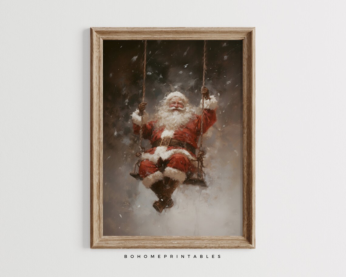 Santa Claus Swinging in the Falling Snow Vintage Oil Painting Poster