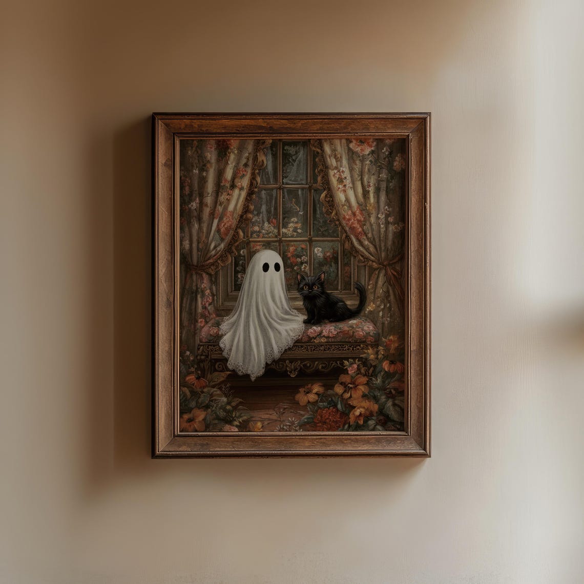 Whimsical Cute Ghost and Black Cat Victorian Window Halloween Poster - Image 2