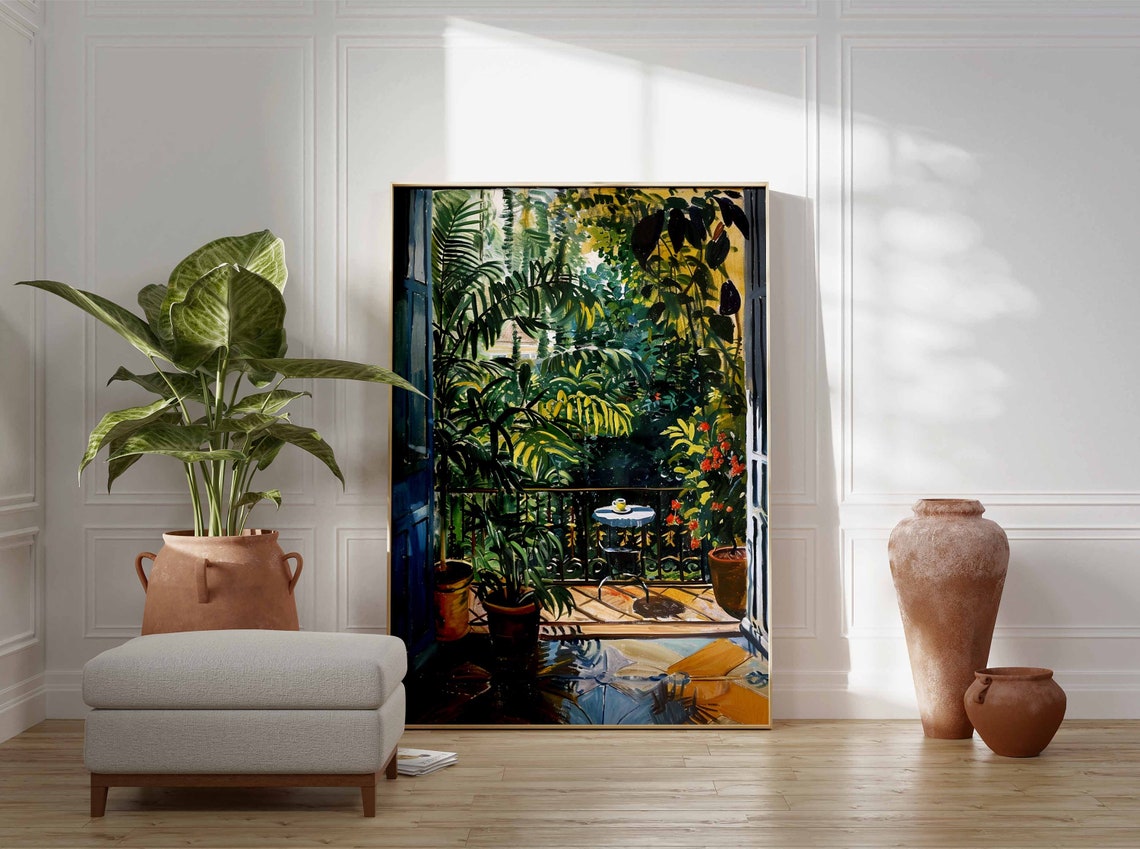 Tropical Garden Balcony Overlook Cafe Table Plants Painting Poster - Image 2
