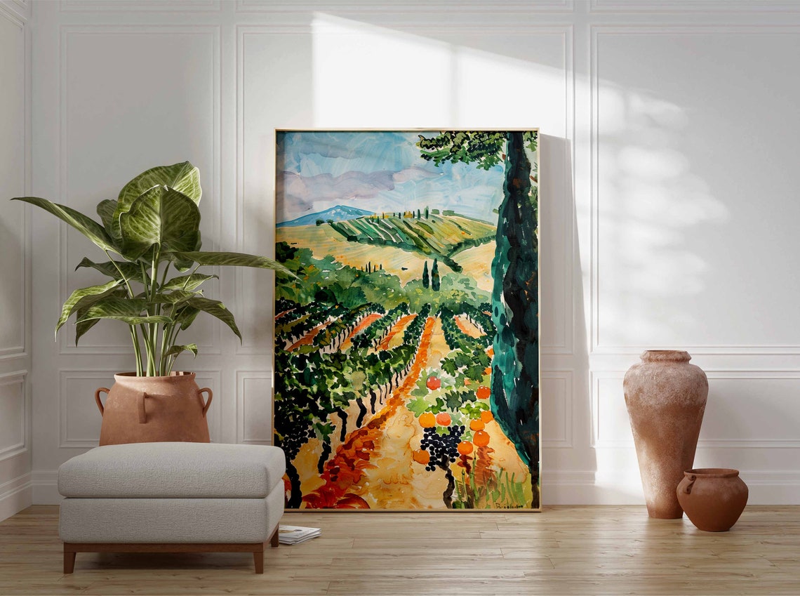 Watercolor Vineyard Landscape Art Poster Grape Vines and Cypress - Image 3