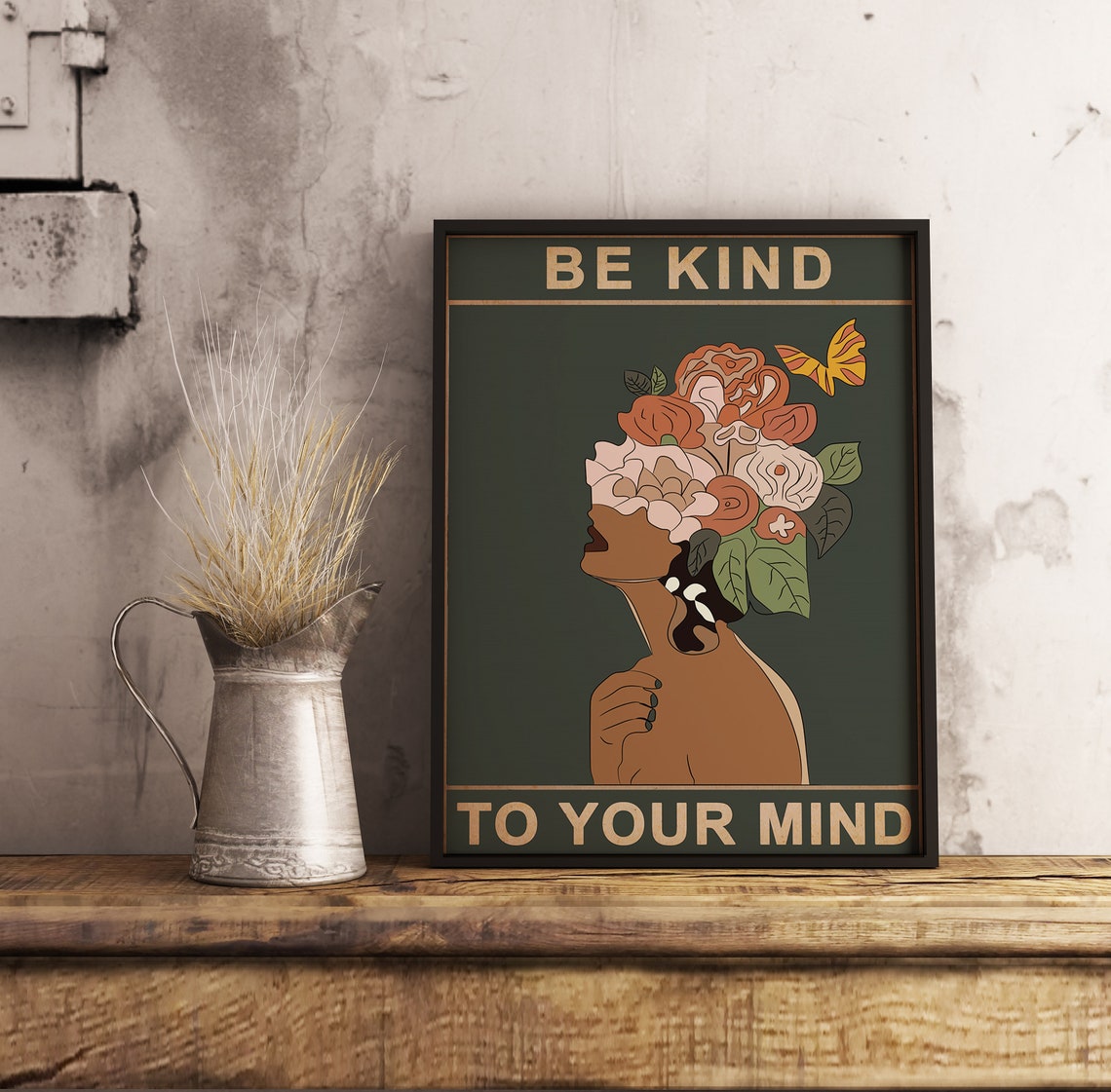 Be Kind to Your Mind Floral Woman Portrait Quote Boho Art Poster - Image 2