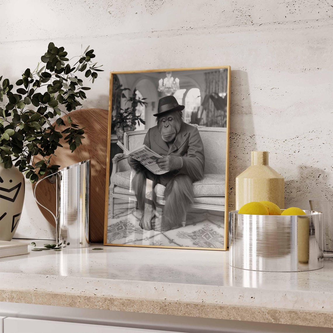 Orangutan In Suit And Fedora Reading Newspaper On Sofa Poster - Image 2
