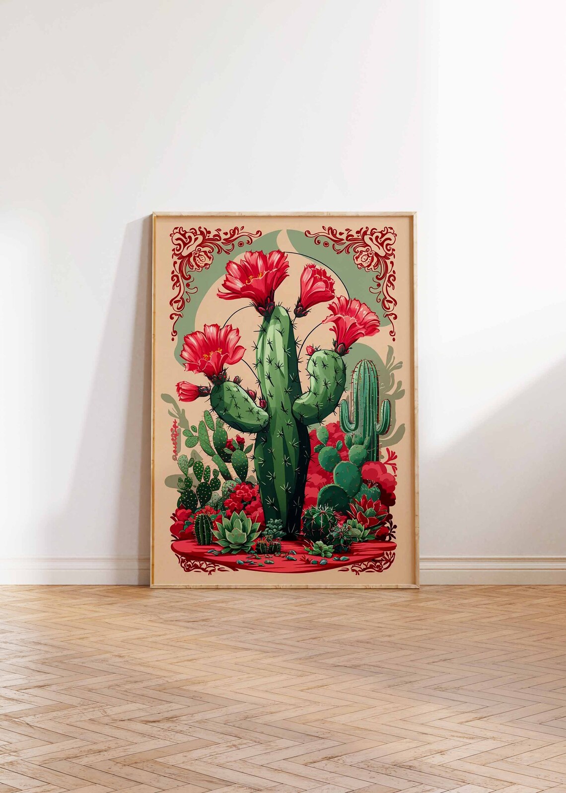 Flowering Cactus Green Arch Red Blooms Vintage Mexican Art Poster - Image 3