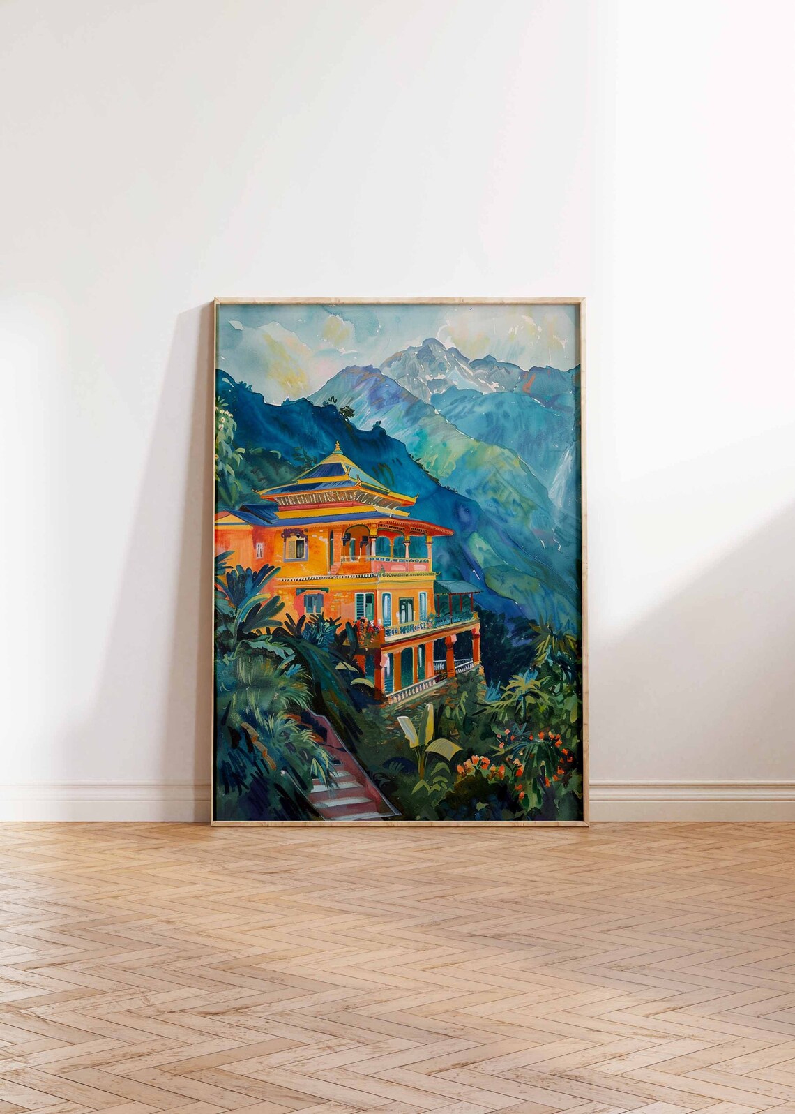 Orange Temple Style Building in Blue Mountains Watercolor Art Poster - Image 2