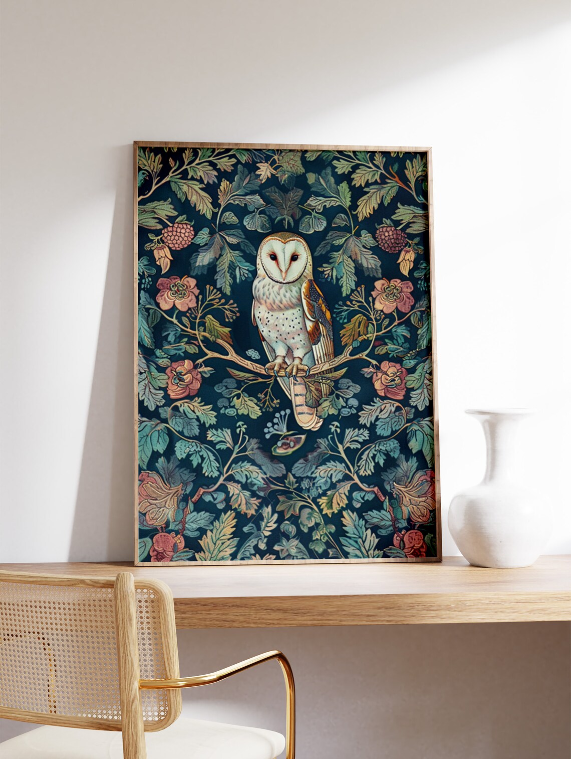 Barn Owl Perched William Morris Style Floral Jungle Art Poster - Image 2