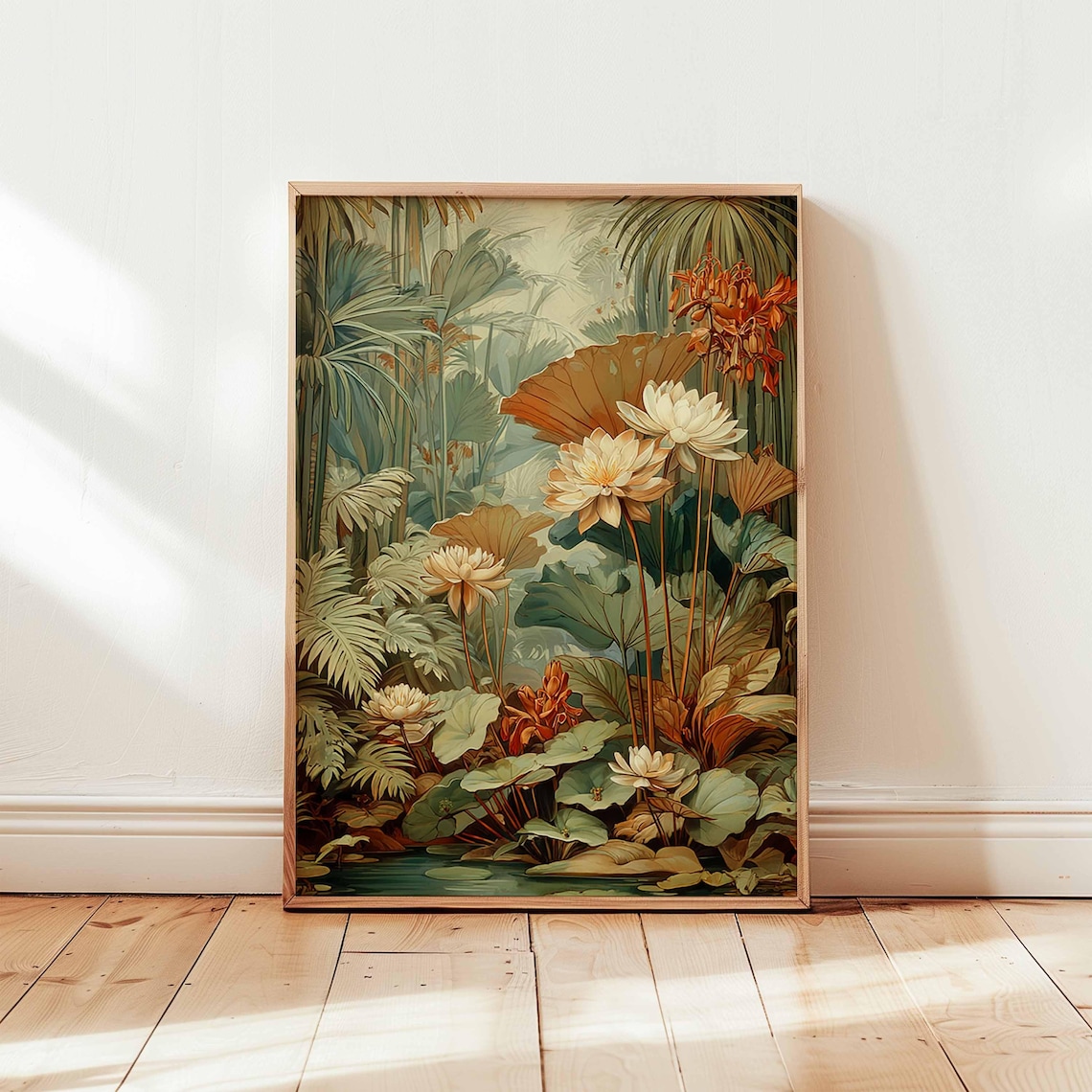 Vintage Tropical Jungle Lotus Flowers Botanical Gold Wall Art Decor
