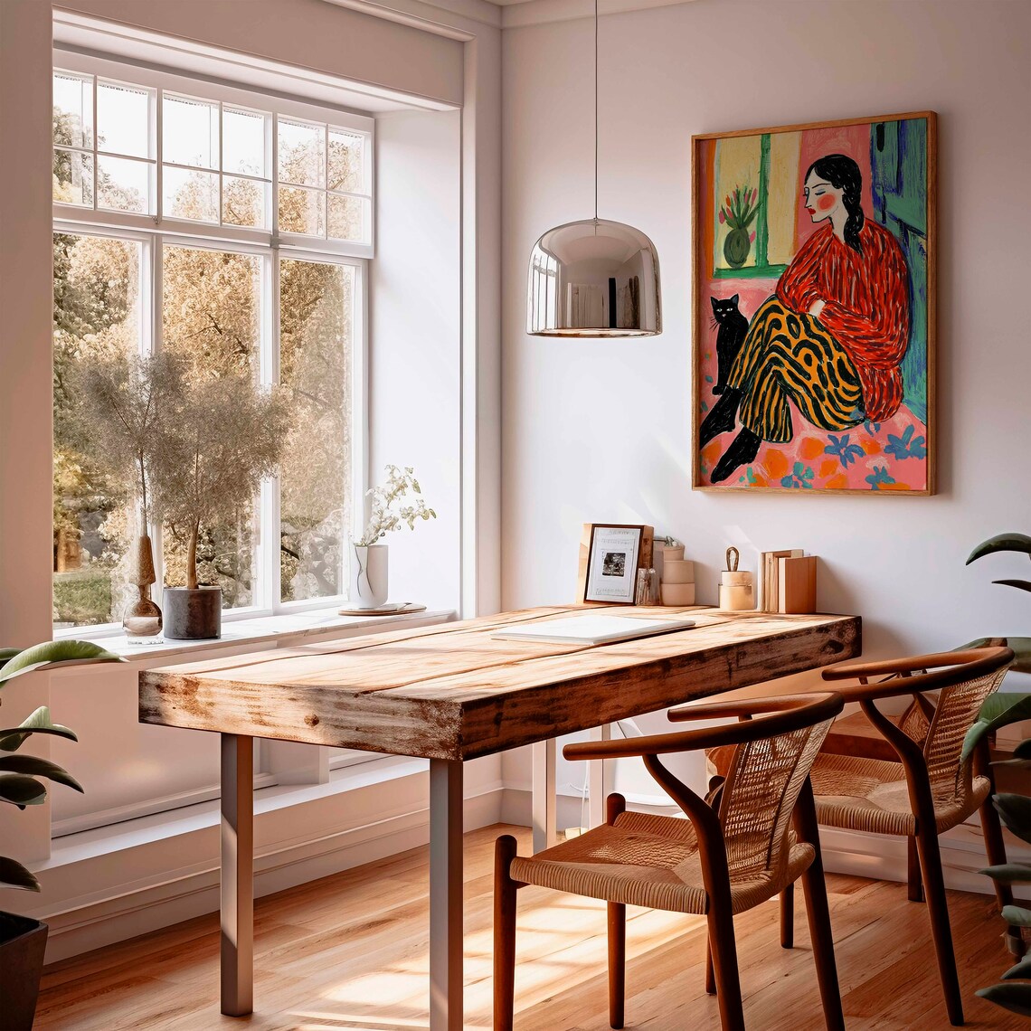 Woman By Window With Black Cat Red Striped Top Portrait Poster - Image 3
