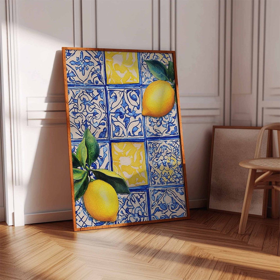 Retro Blue White Tile Lemon Branch Citrus Kitchen Tropical Poster - Image 2