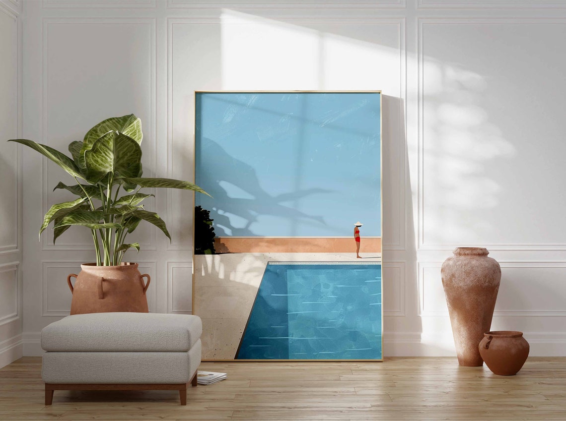 Serene Minimalist Swimming Pool Summer Bather Blue Wall Art Decor - Image 3