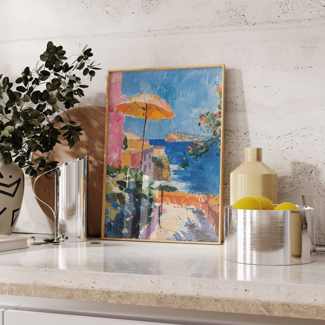 Mediterranean Coast Terrace Orange Umbrella Blue Sea Art Poster - Image 2
