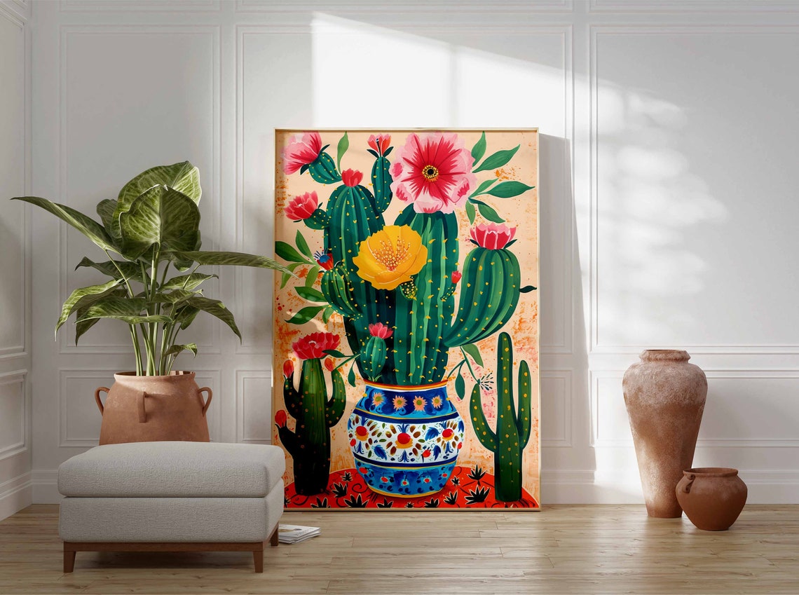 Flowering Cacti In Painted Talavera Vase Folk Art Poster Gift - Image 3