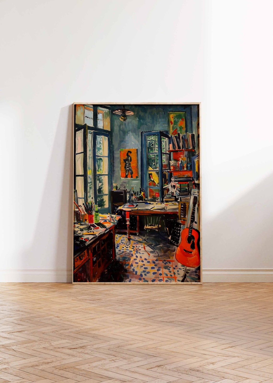Artist Studio with Acoustic Guitar by French Doors Tile Floor Poster - Image 2