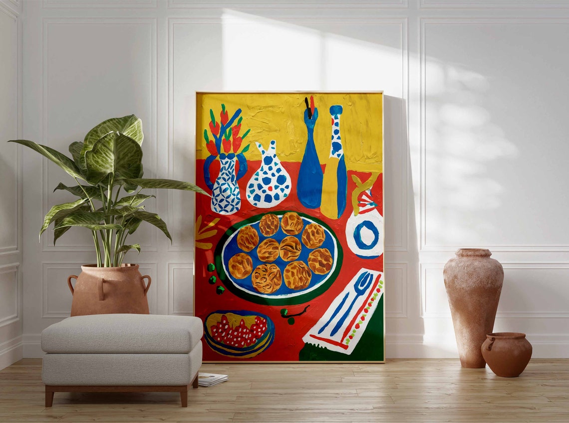 Red Dinner Table With Patterned Blue Vases Bold Still Life Poster - Image 3