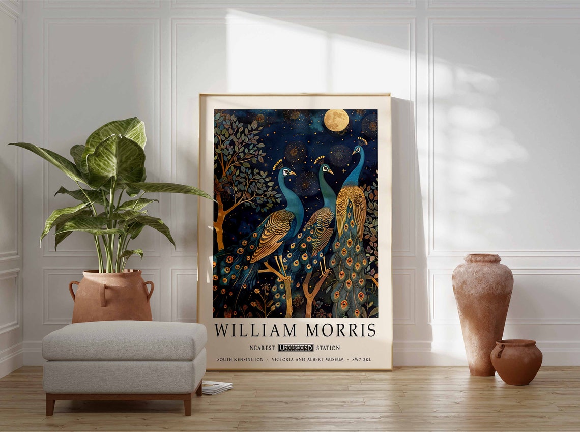 William Morris Three Peacocks Under Golden Full Moon Night Poster - Image 3