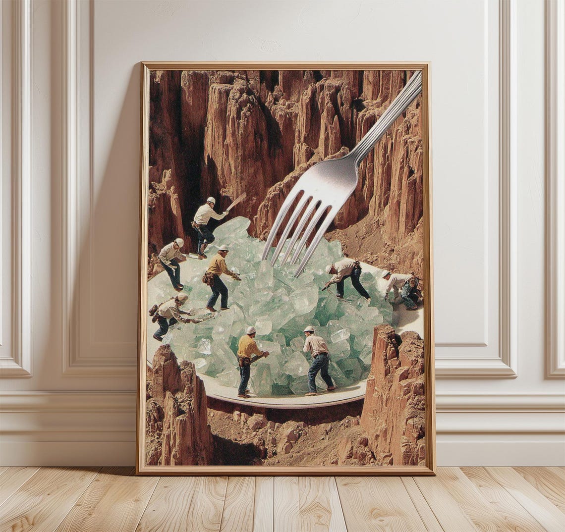 Surreal Crystal Mine Tiny Miners Giant Fork Collage Art Poster