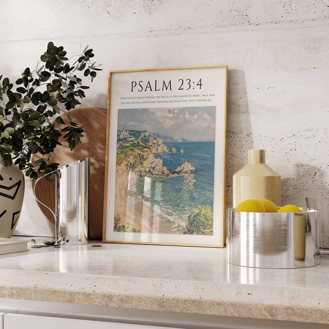 Psalm 23:4 Bible Verse Turquoise Sea Rocky Coast Monet Style Christian Art Poster - Image 3