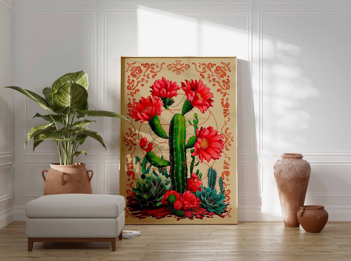 Mexican Flowering Cactus Red Blooms Vintage Botanical Poster - Image 2