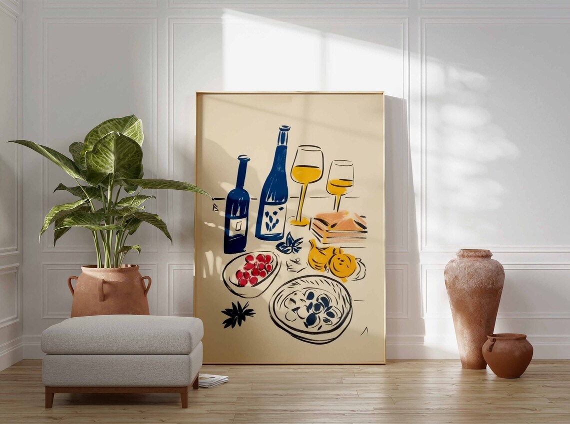 Wine and Food Still Life Illustration Kitchen Vintage Art Poster - Image 3