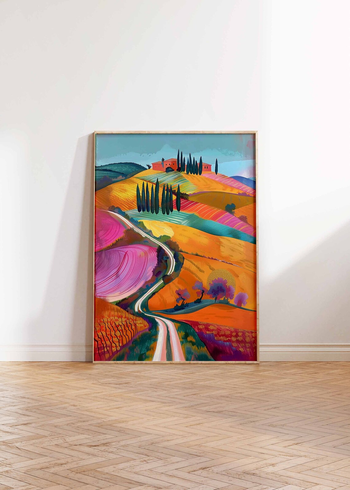 Hilltop Village Cypress Trees Winding Road Landscape Art Print - Image 2