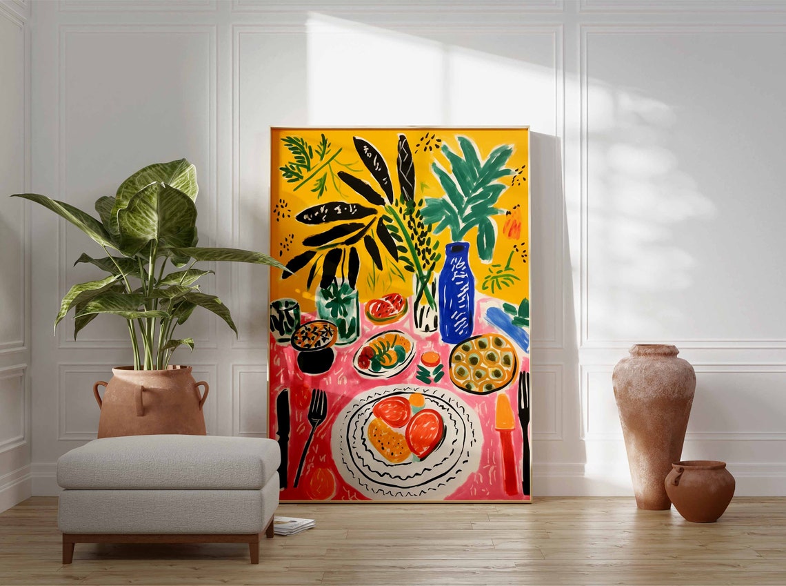 Colorful Table Spread with Plates Plants and Dishes Kitchen Poster - Image 3