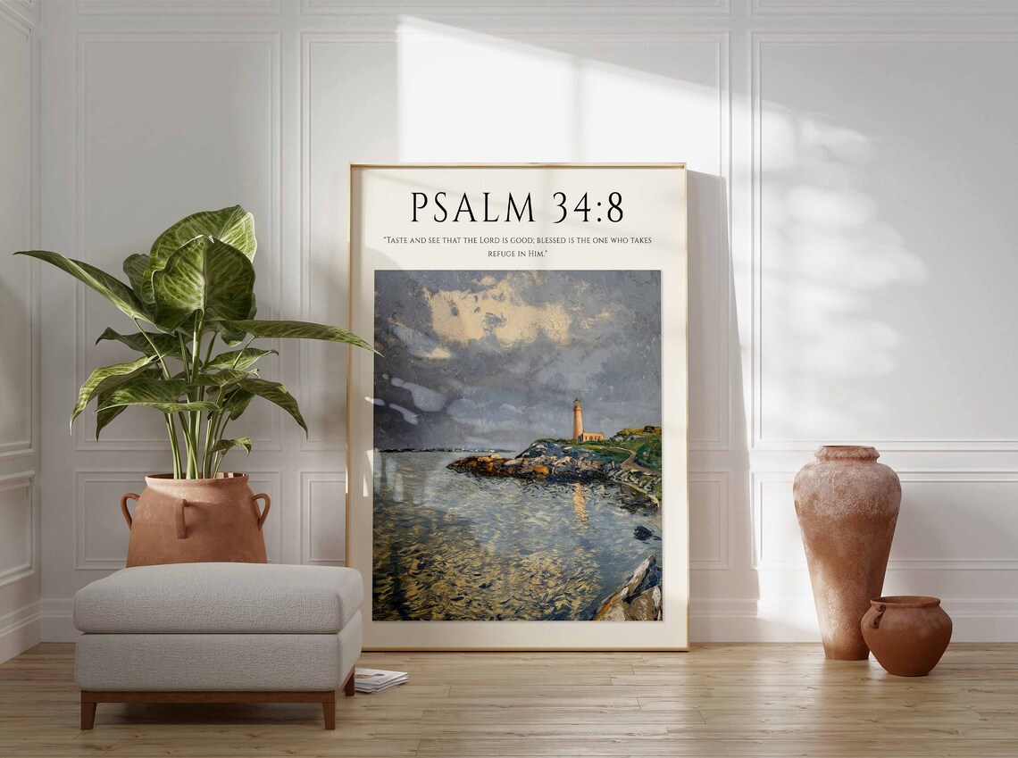 Psalm 34:8 Bible Verse Rocky Coast Lighthouse Monet Style Christian Art Poster - Image 2